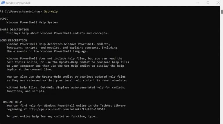 get help command on powershell