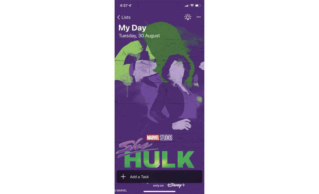 Marvel's She-Hulk theme in Microsoft To Do app on iPhone