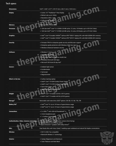 surface gaming laptop specs