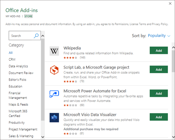 Screenshot showing the Office Add-ins Window.