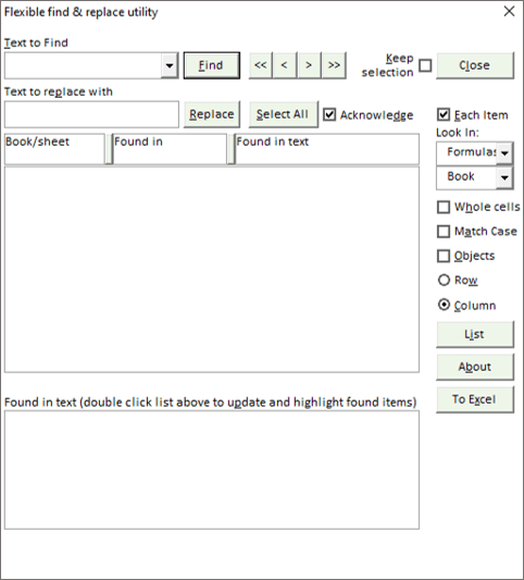 Screenshot showing the Flexible find & replace utility Window.