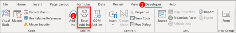 Screenshot showing the Excel Add-ins option, highlighted.