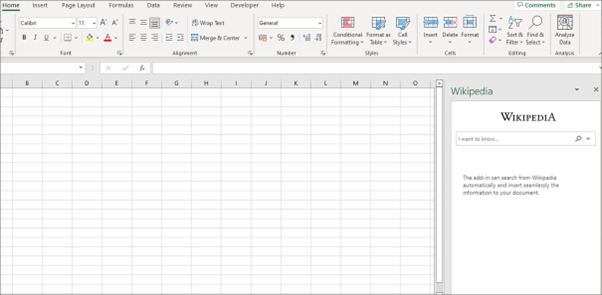 Screenshot showing the Wikipedia Add-in, in Excel.