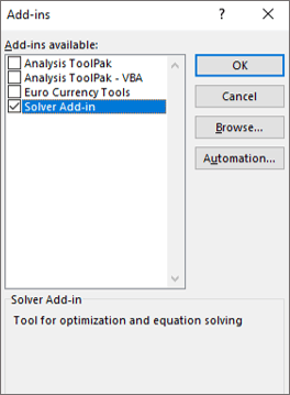 Screenshot showing the Add-ins Window, with the Solver option ticked.