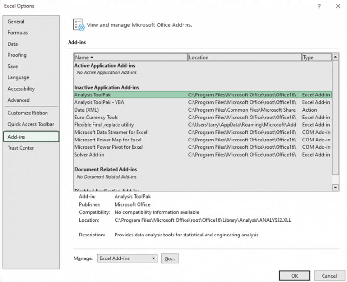 Screenshot showing the Excel Options Window.