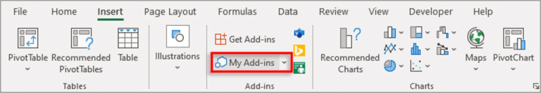 Screenshot showing the My Add-ins option, highlighted.