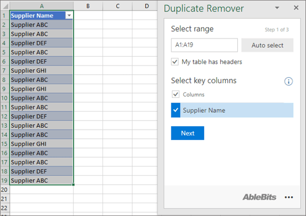 Screenshot showing the Duplicate Remover Add-in.