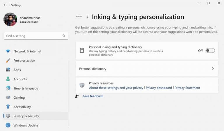 inking and typing personalization
