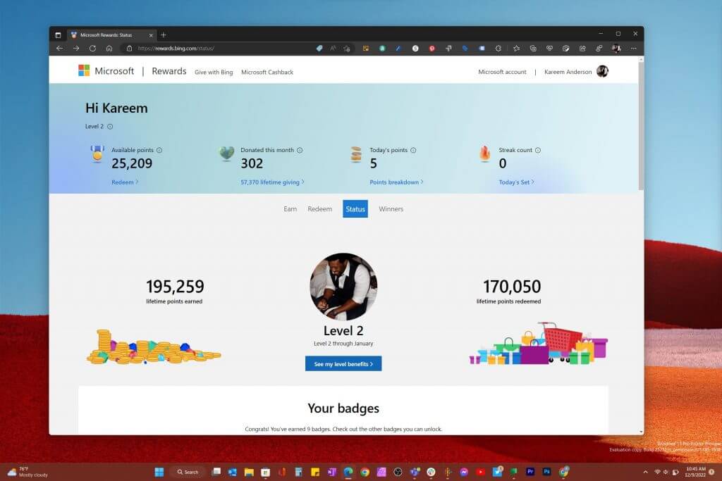 Microsoft Rewards Fluent Design on Windows 11