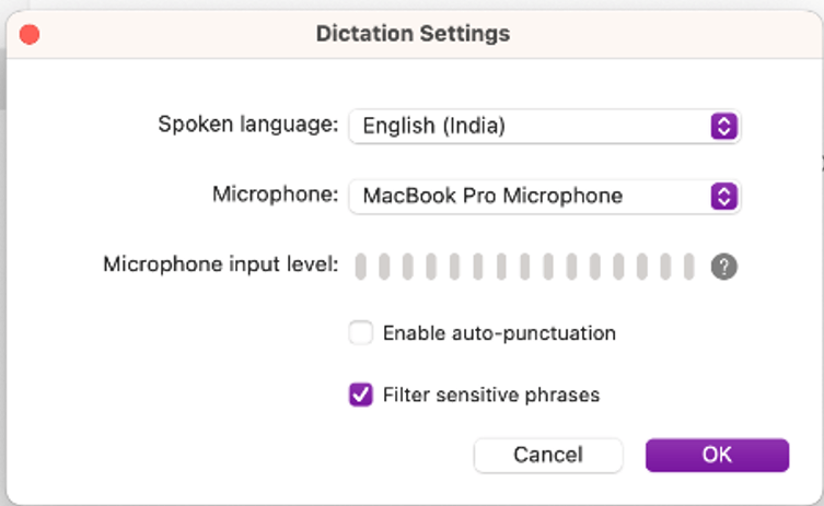 Dictation Settings ON for Mac