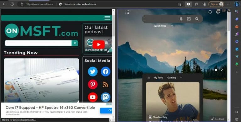 split screen in Microsoft Edge