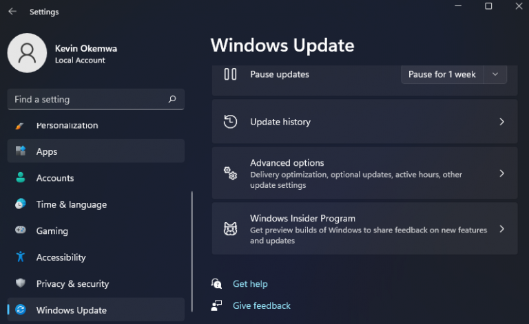 Windows Update advanced options