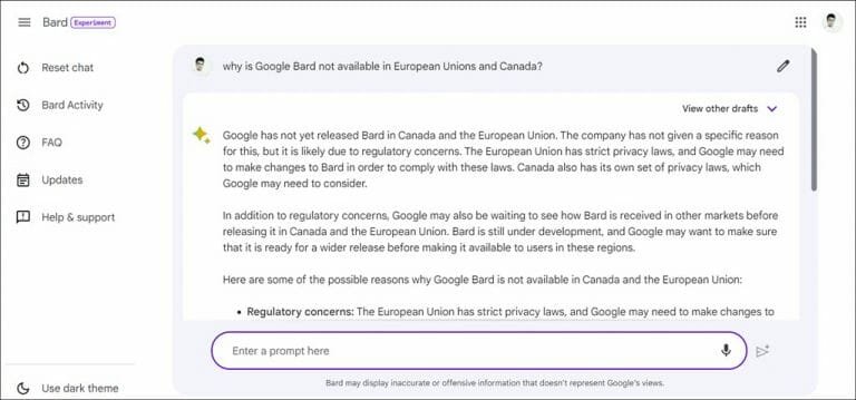 asking question of exclusion of European Union and Canada to Google Bard