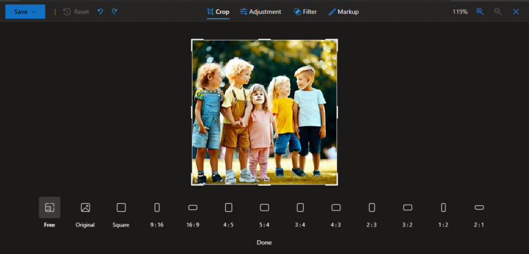crop tab in Microsoft Edge editor