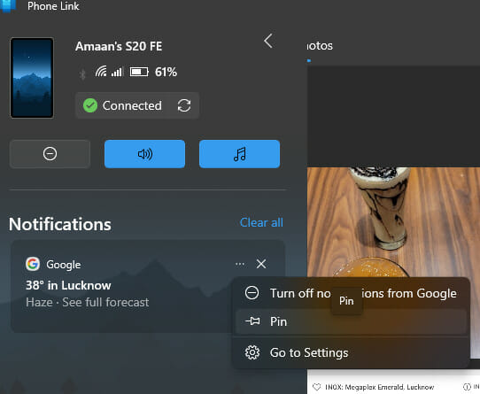 pinned notification in Phone link