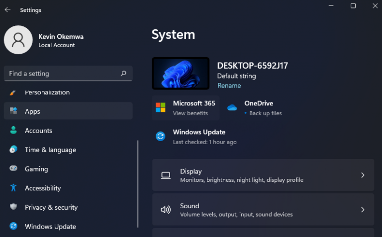 settings app Windows 11