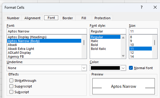 Excel font dialog