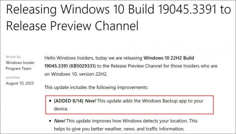 Windows Backup added to Windows 10