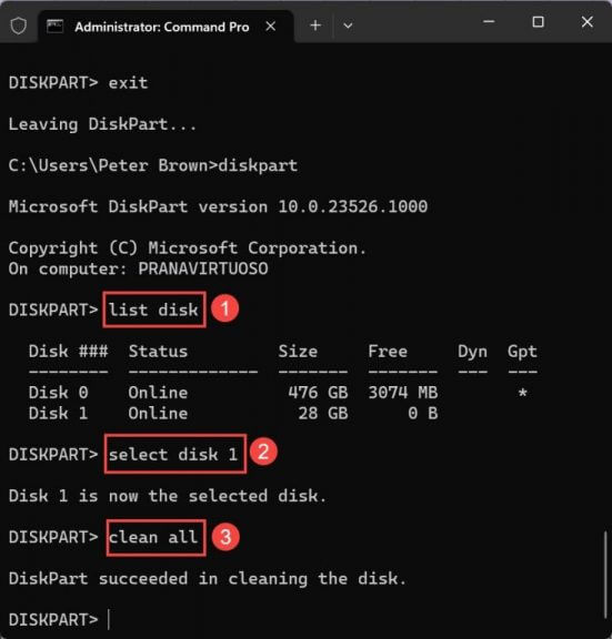 Clean Disk Using Diskpart