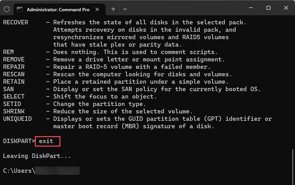 Exit Diskpart