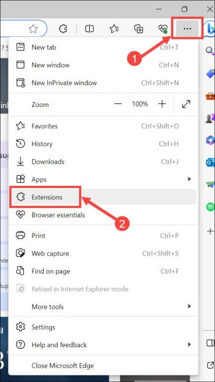 Edge Extensions option under Settings menu