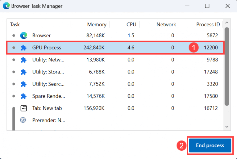 End Edge browser process