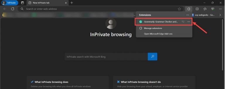 Extension available in InPrivate mode