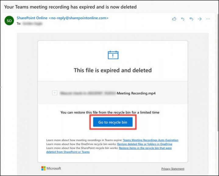 Go To Recycle Bin. restore Microsoft Teams meeting recordings 