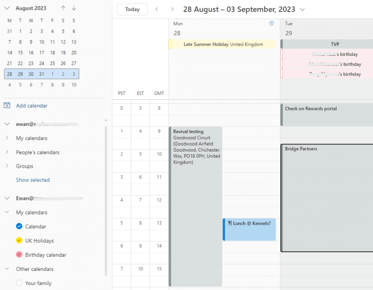 Calendar view on New Outlook showing multiple calendars