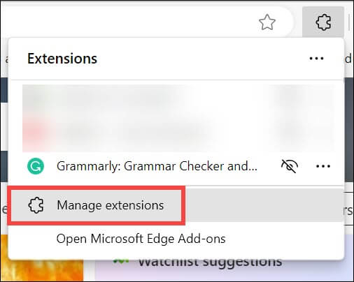 Select Manage extensions option