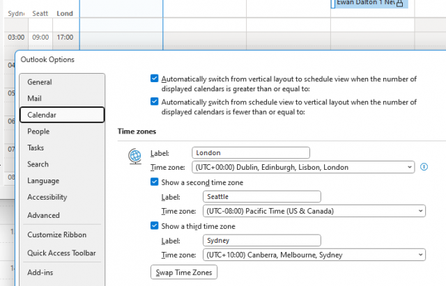 Adding time zones in Outlook