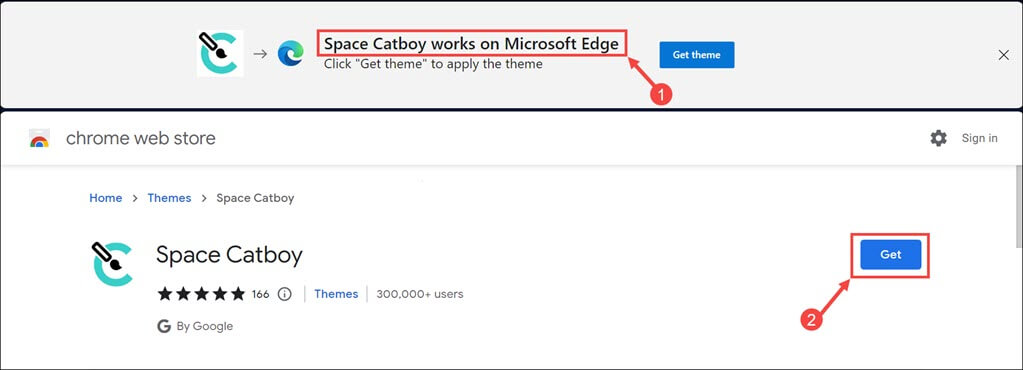click the Get button to add theme to Edge